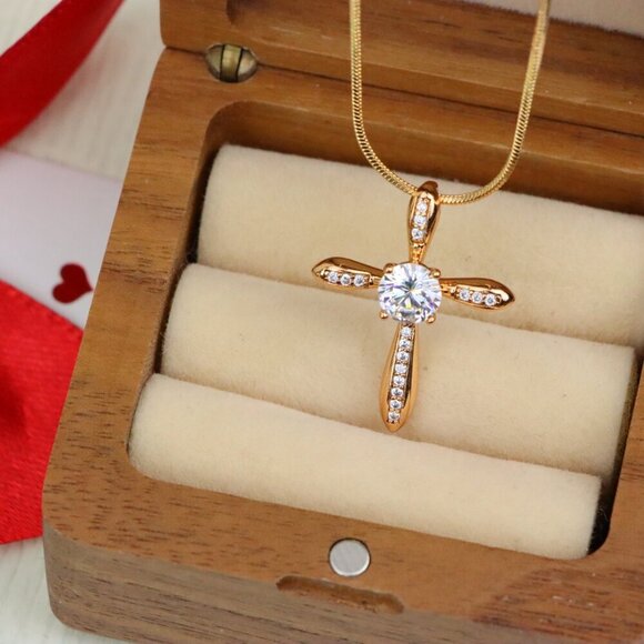 "Elegant Cross Pendant with Center Solitaire in Rose Gold Finish, XPPT1828 - Picture 7 of 13